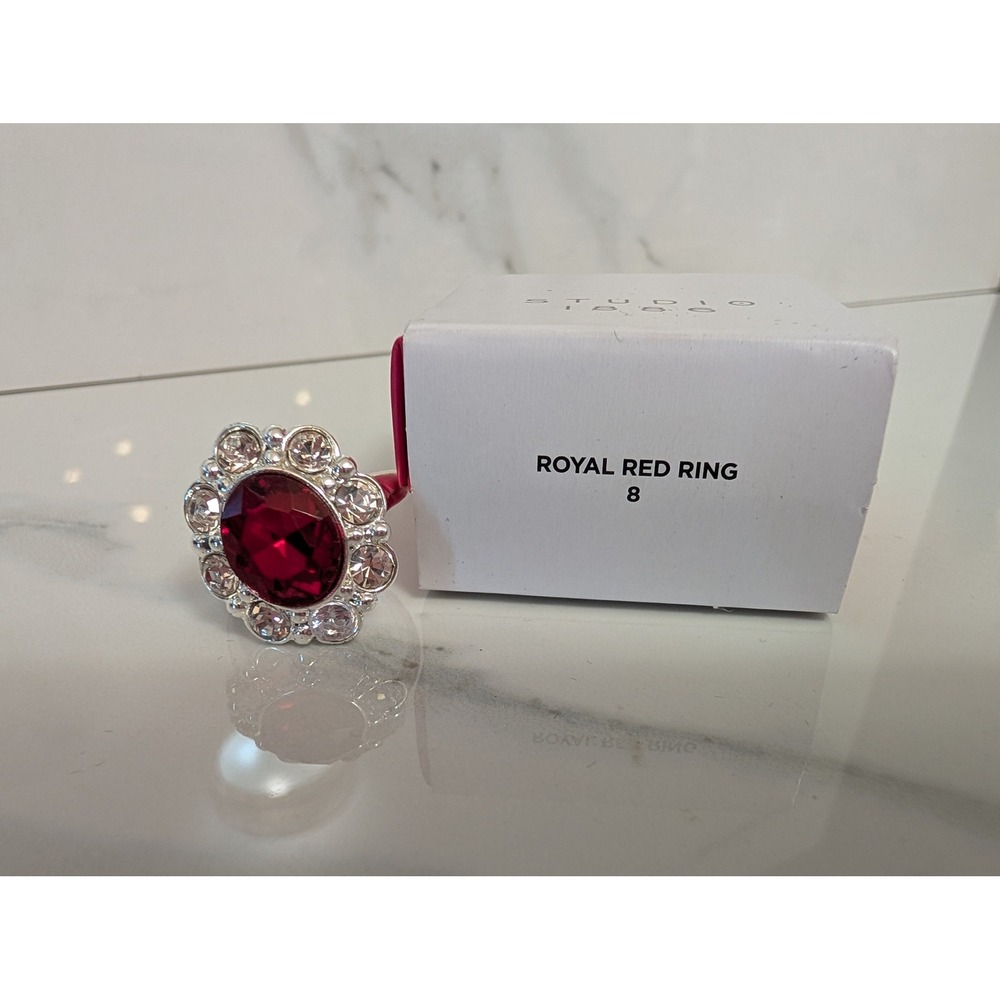 Avon Studio 1886 Royal Red Ring Silver Tone Ruby Crystal Halo Cocktail Ring Sz 8